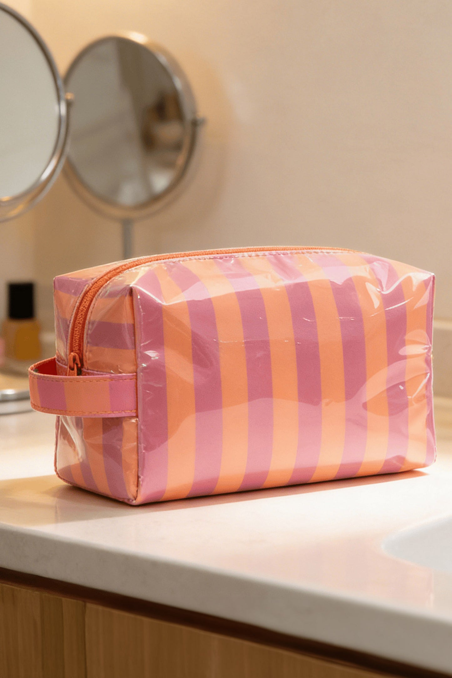 Pink Striped Travel Cosmetic Bag