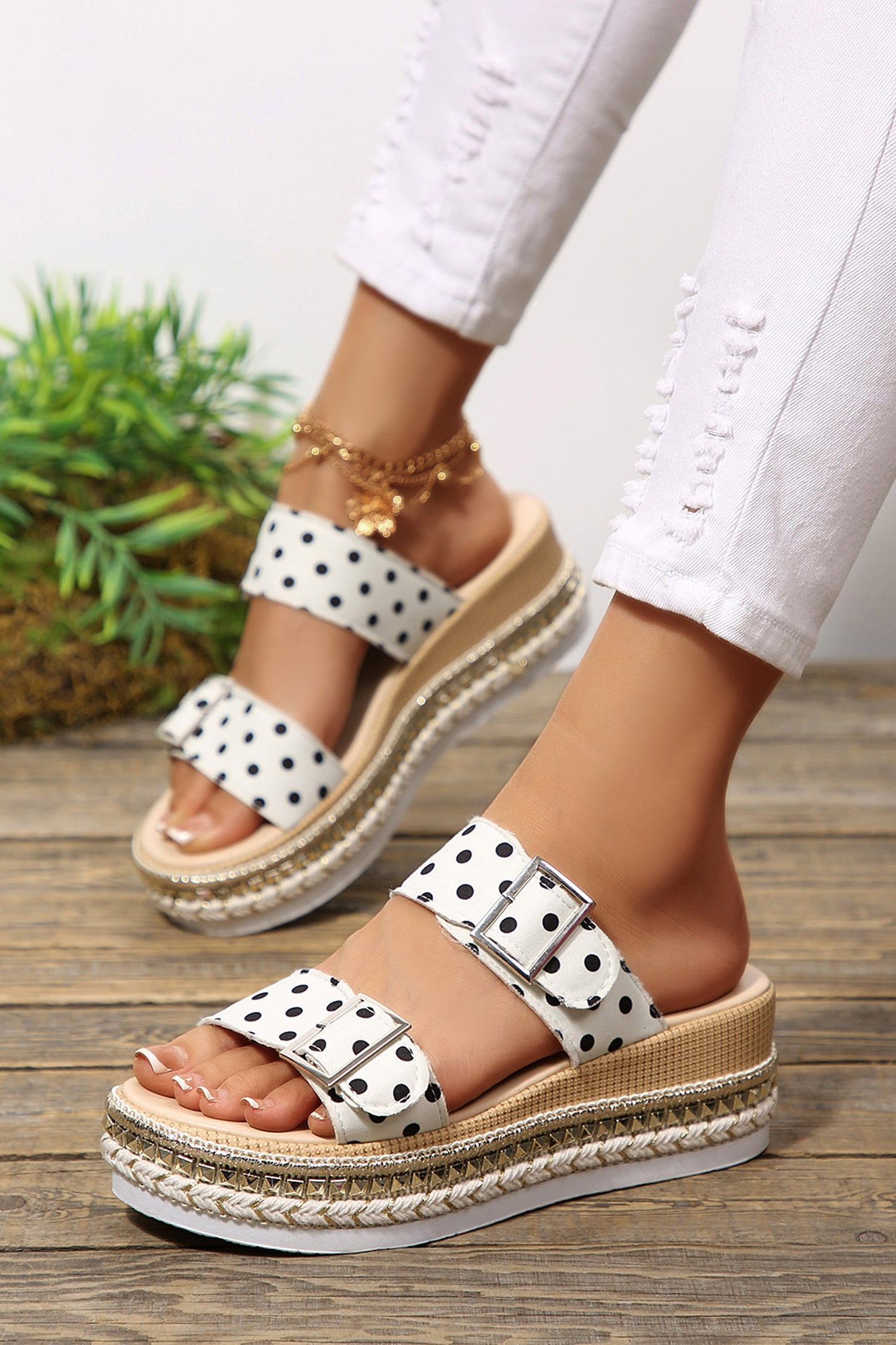 Black Polka-Dot Platform Slides