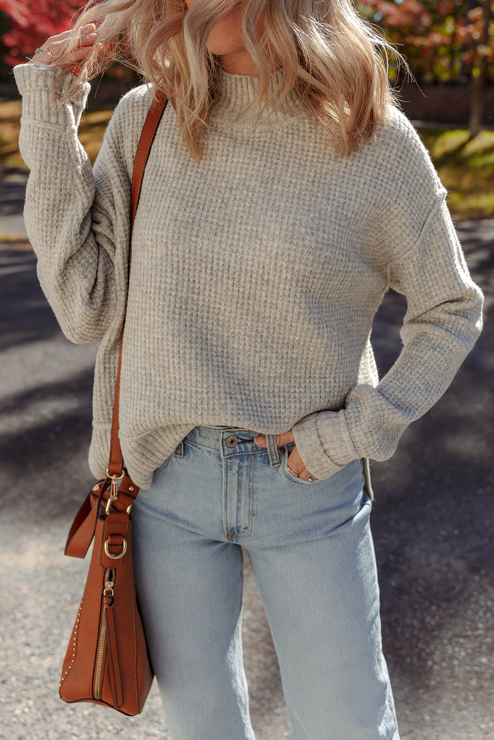 Gray Morn Waffle-Knit High-Neck Sweater
