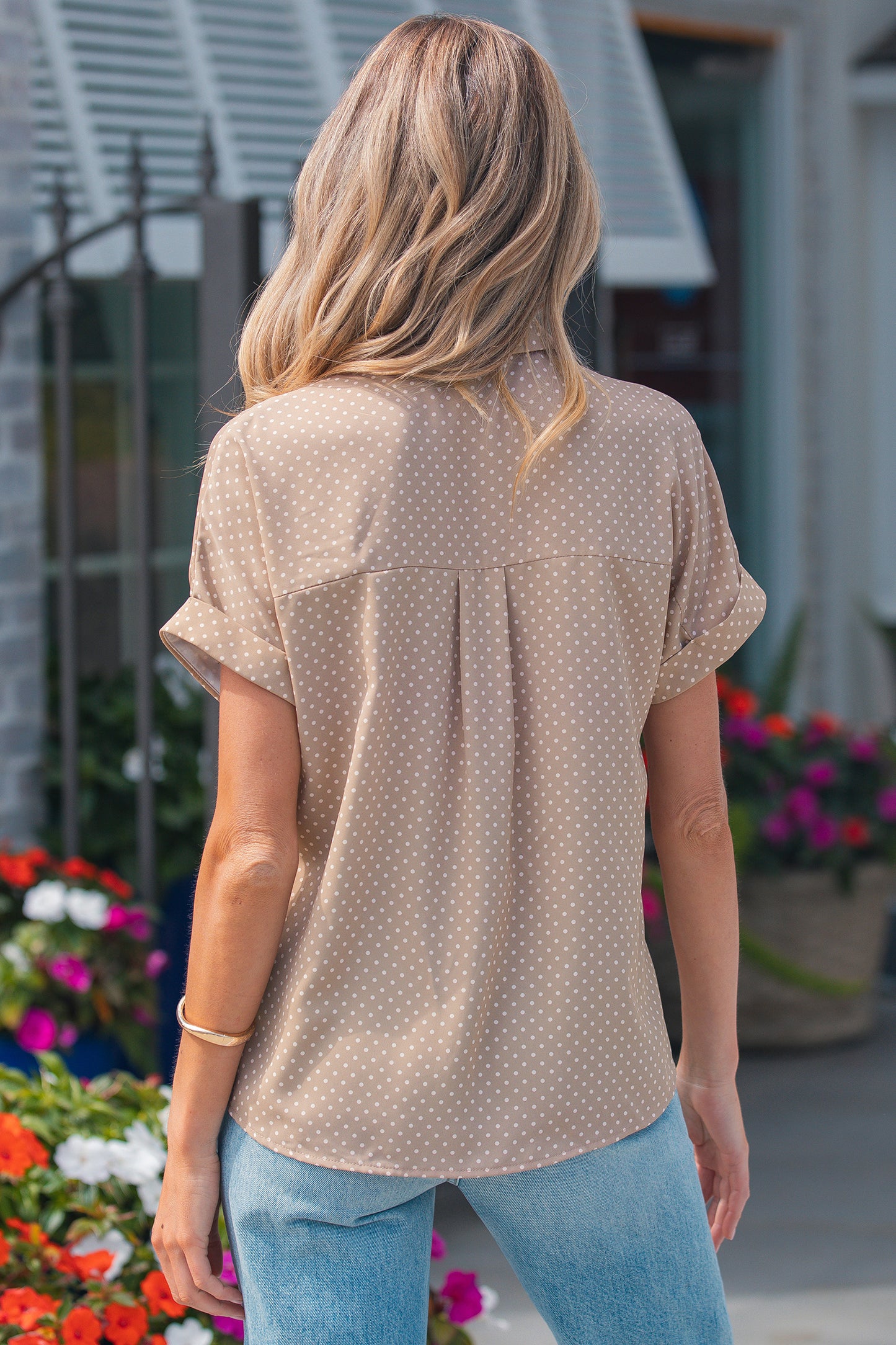Pink Polka-Dot Cuffed-Sleeve Shirt