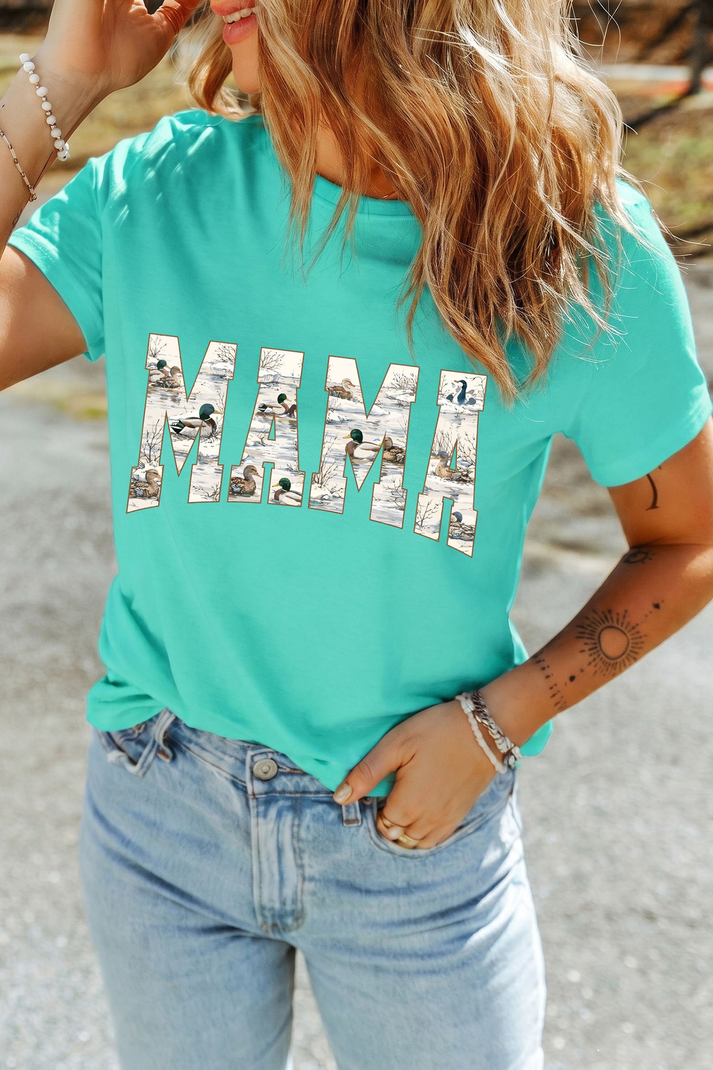 Mint Green Mallard Duck Print MAMA Lettering Graphic T-Shirt