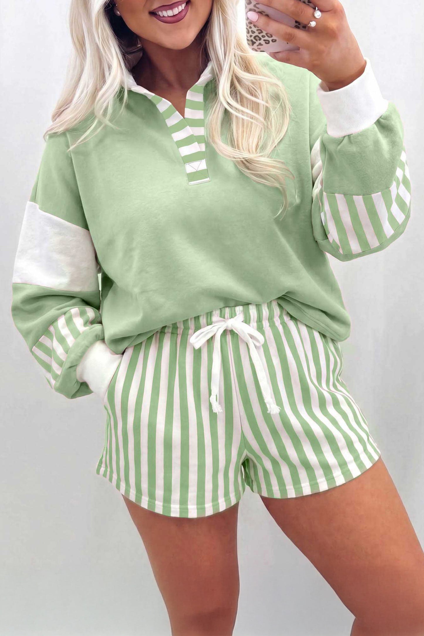 Striped Color-Block Pullover and Drawstring Shorts Set