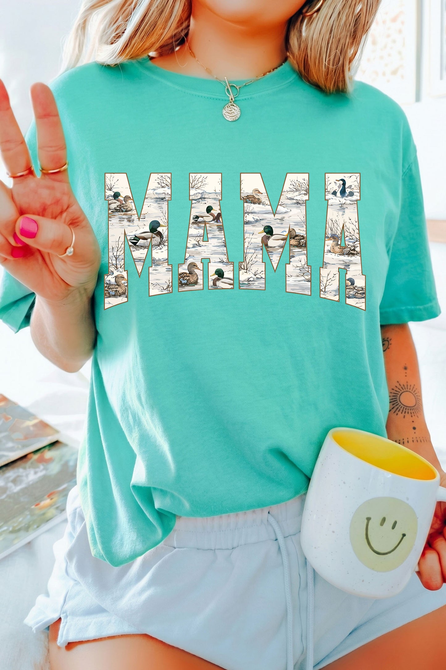 Mint Green Mallard Duck Print MAMA Lettering Graphic T-Shirt