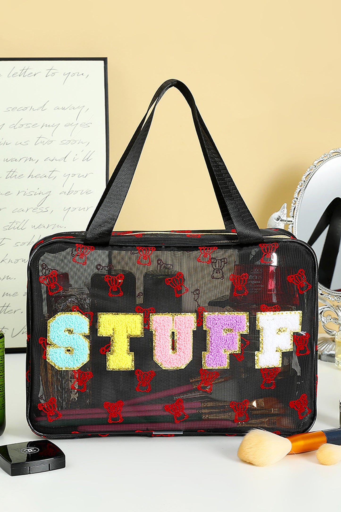Black STUFF Teddy-Bear Graphic Makeup Bag