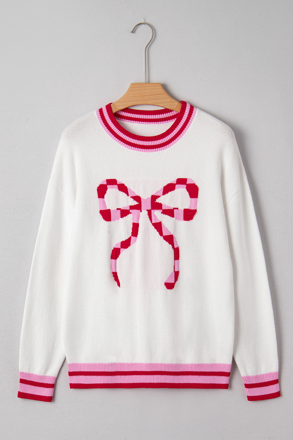 White Bow-Graphic Striped-Trim Sweater