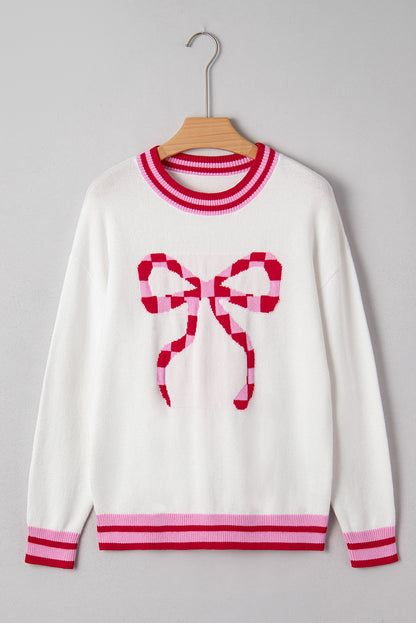 White Bow-Graphic Striped-Trim Sweater