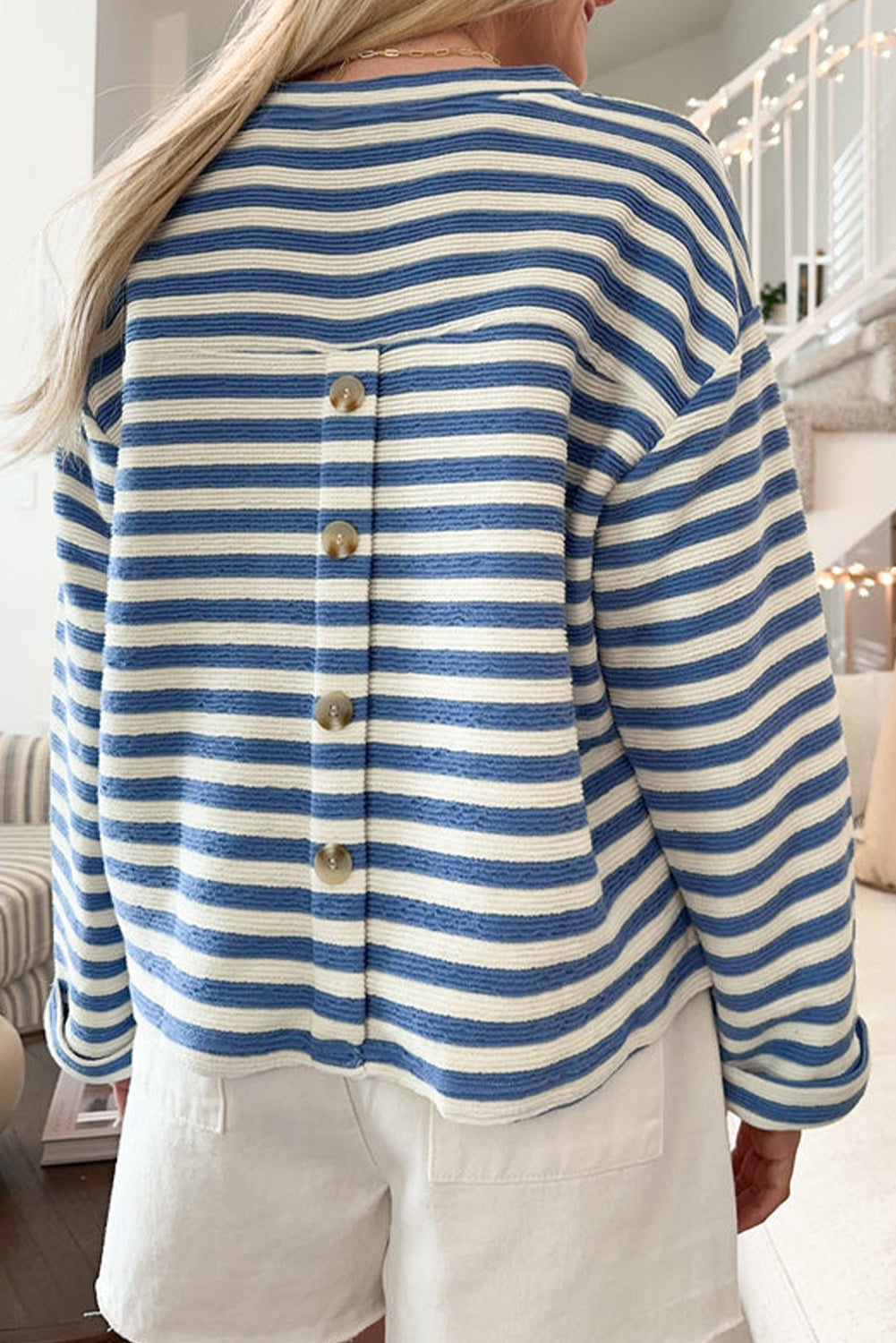 Sky Blue Stripe Back-Button Notch-Neck Top