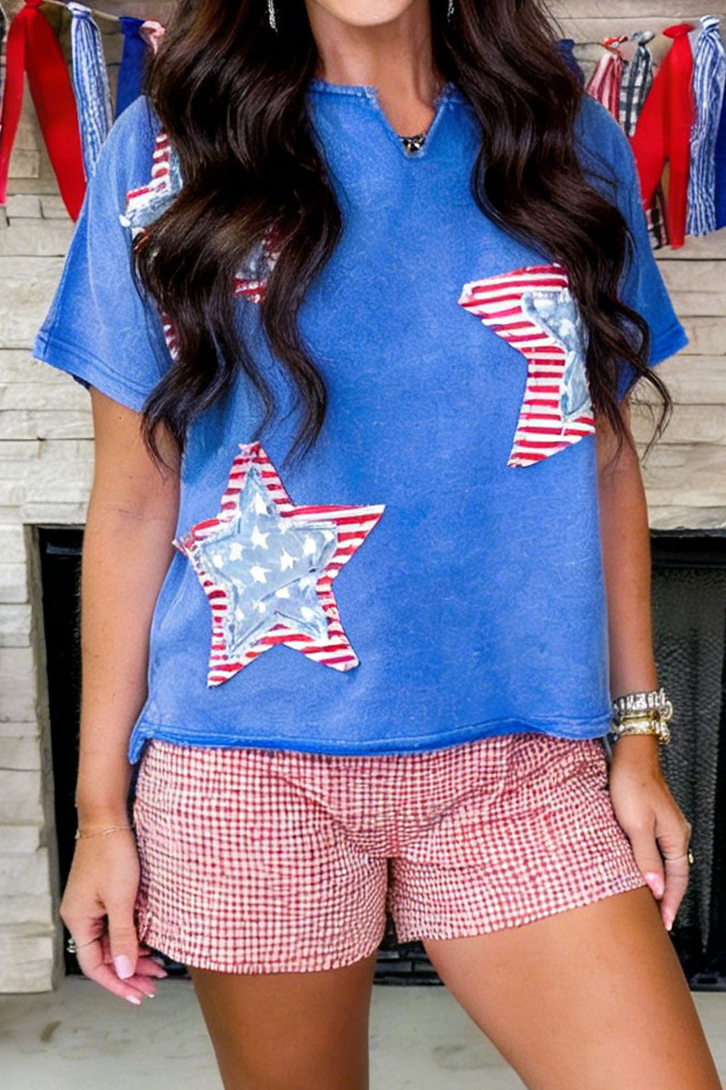 White Patriot Star Patched Notched Neck Mineral Washed Tee