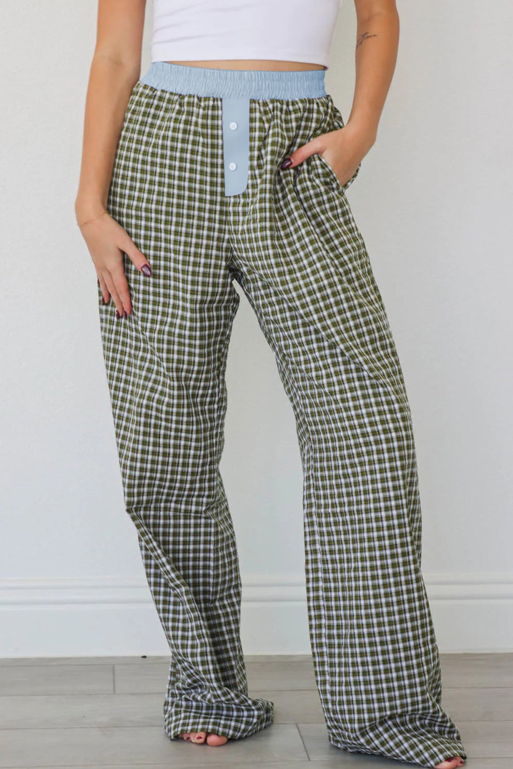 Brown Gingham Wide-Leg Boxer Pants