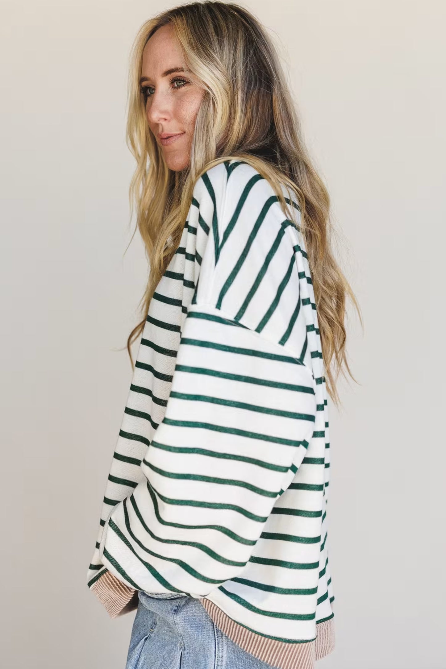 White Striped Contrast-Trim Sweatshirt