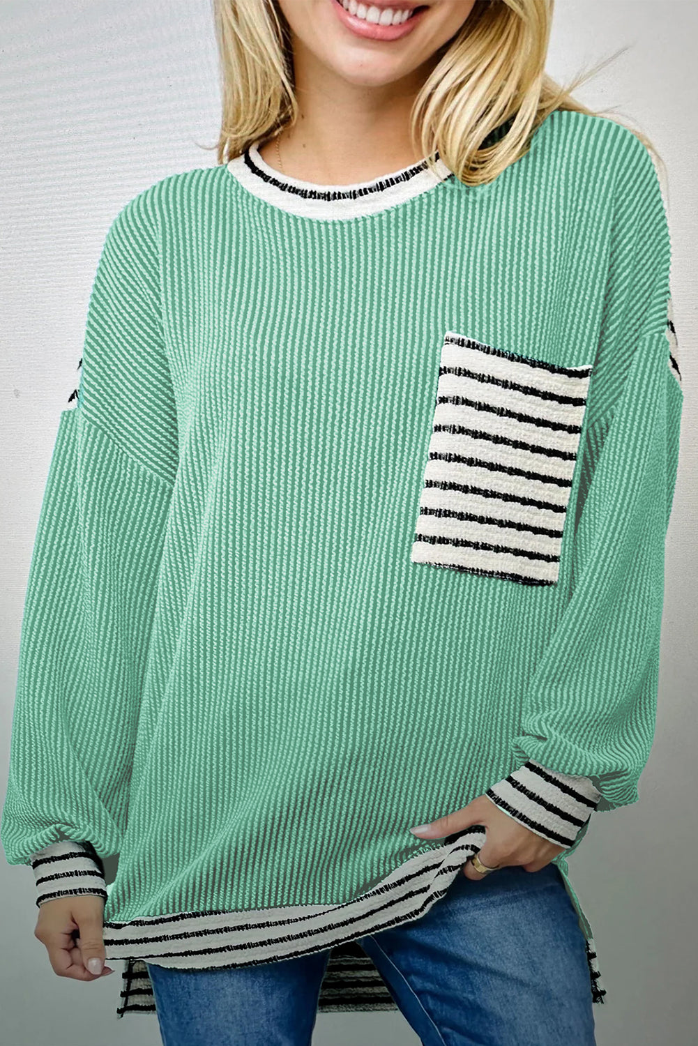 Sea Green Striped-Pocket Ribbed Top