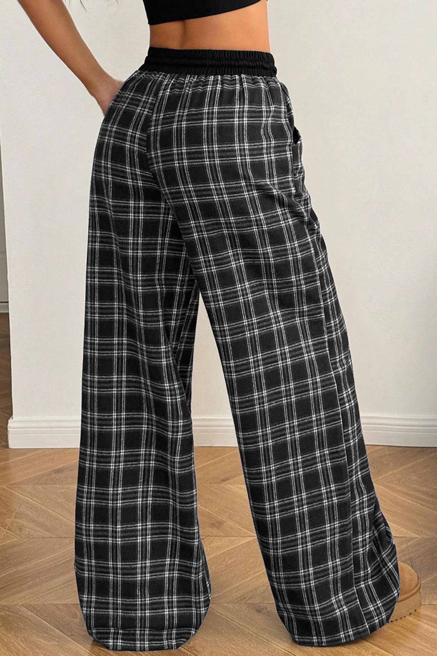 Black Frenchy Plaid Pattern Contrast Drawstring Waist Wide-Leg Pants