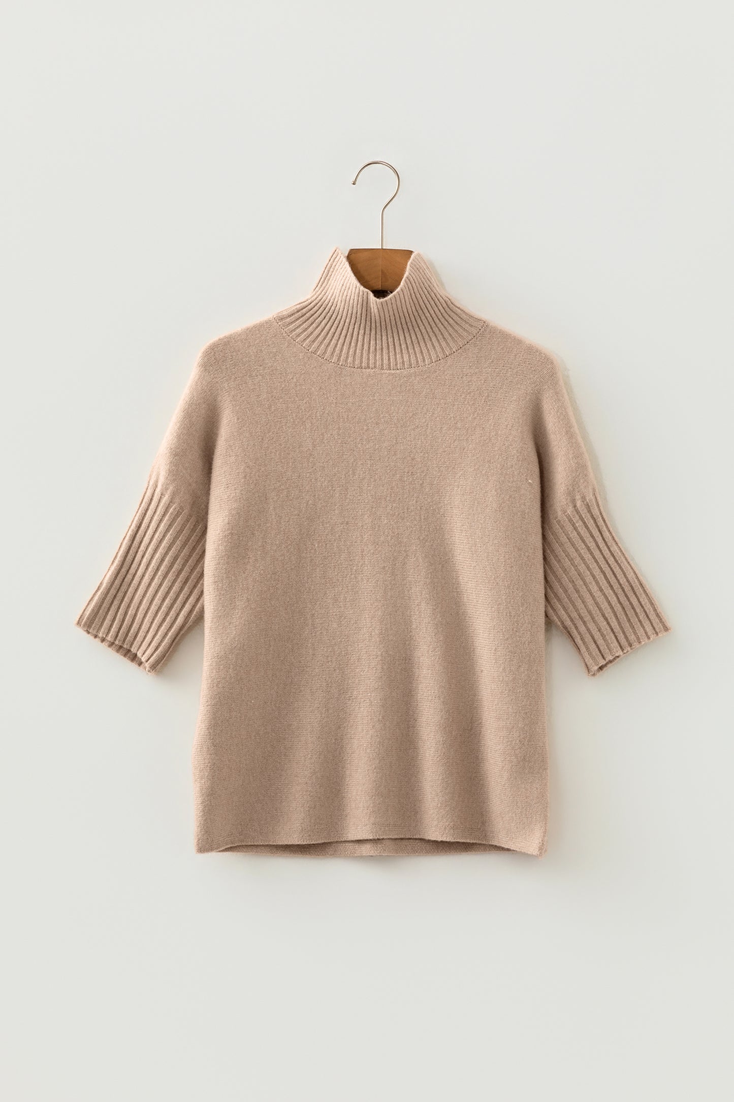 Beige Ribbed Trim High Neck Short-Sleeve Casual Sweater