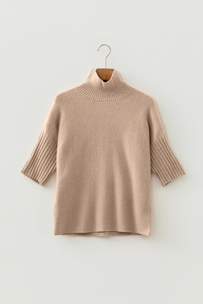 Beige Ribbed Trim High Neck Short-Sleeve Casual Sweater