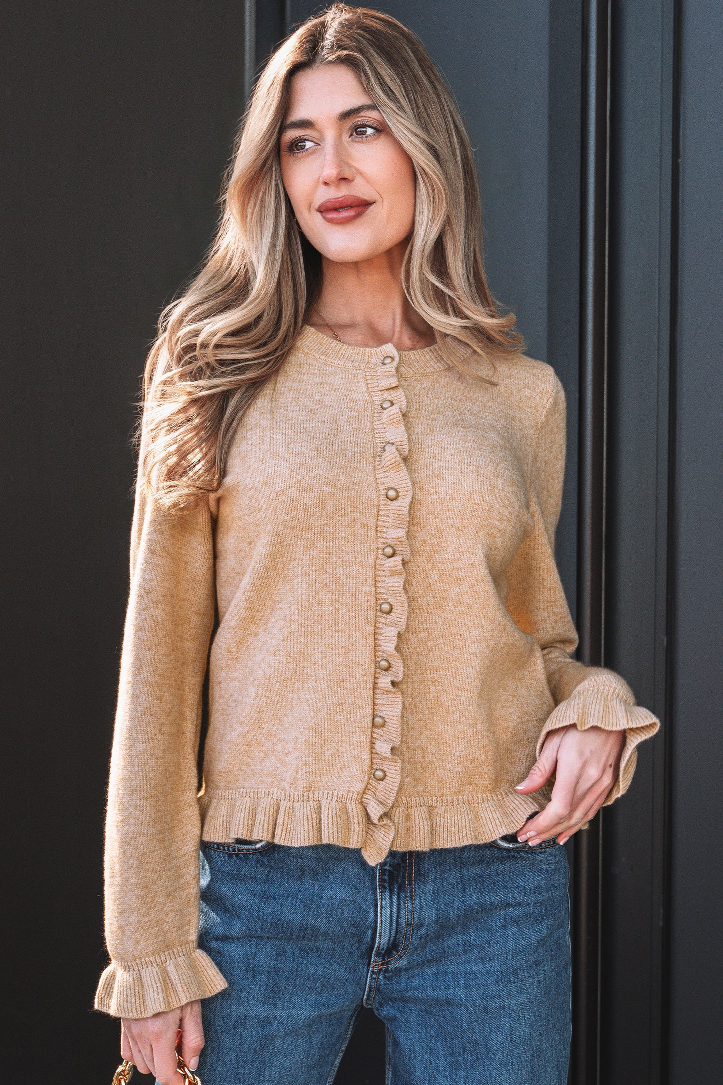 Oatmeal Ruffle-Trim Button Cardigan