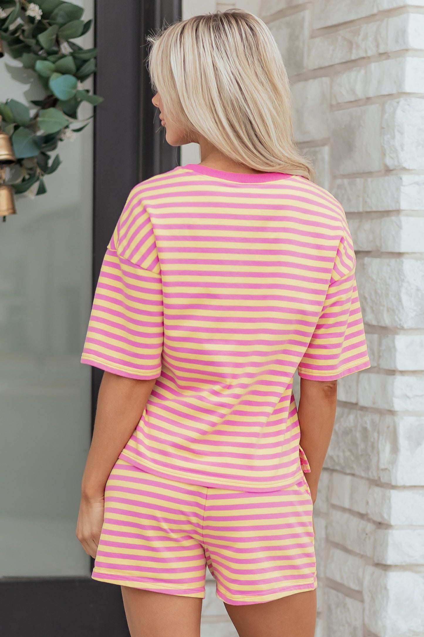 Striped Drop-Shoulder Terry Shorts Set