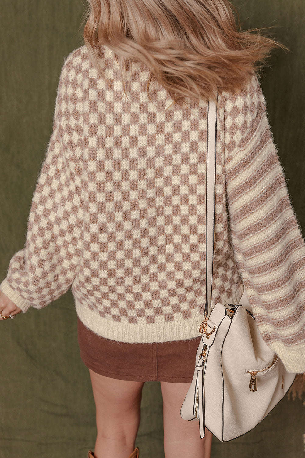 Khaki Checkerboard Striped Sweater