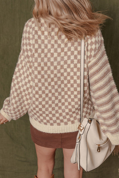 Khaki Checkerboard Striped Sweater