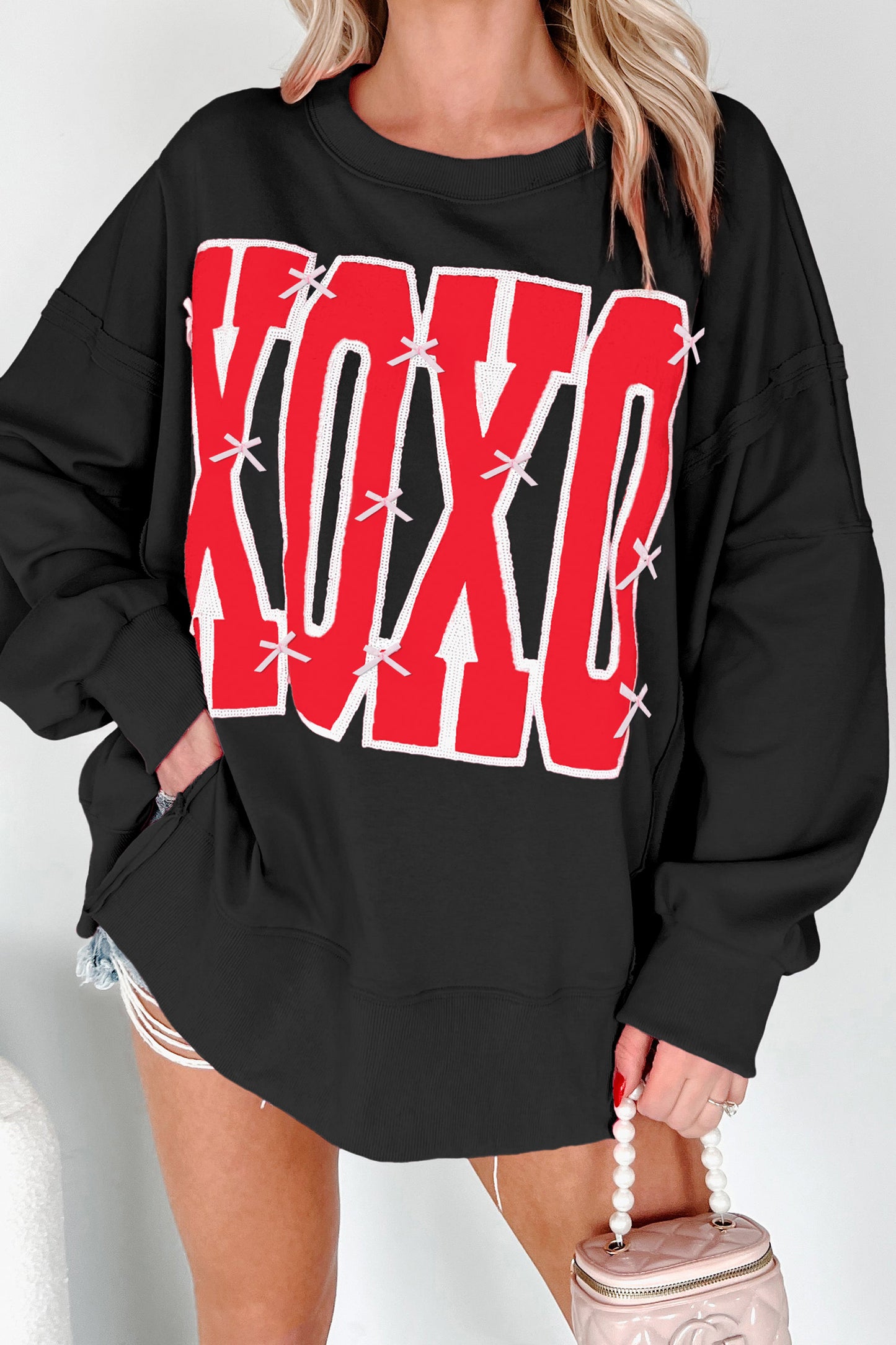 White XOXO Sequin Bow Graphic Sweatshirt