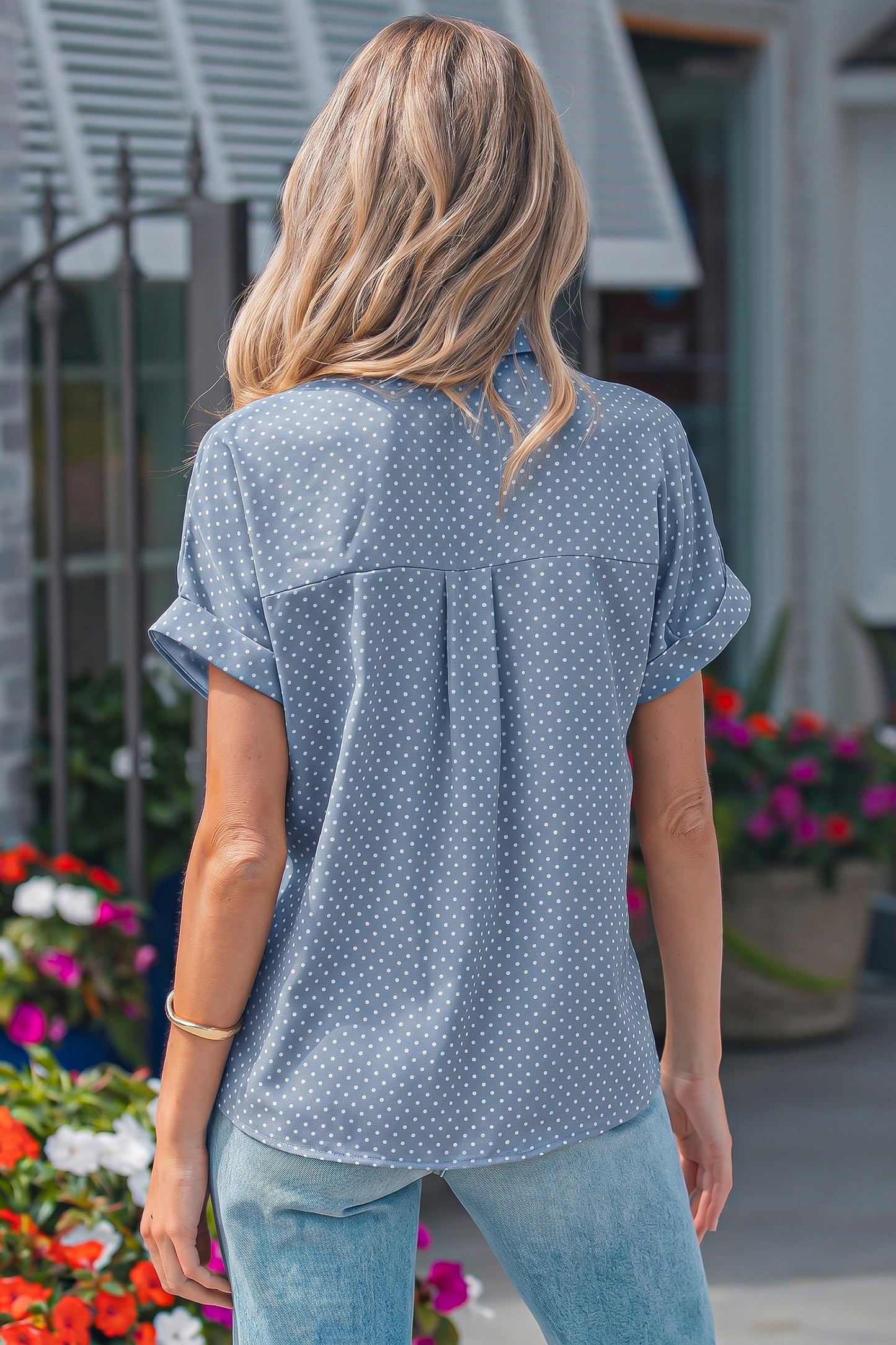 Pink Polka-Dot Cuffed-Sleeve Shirt