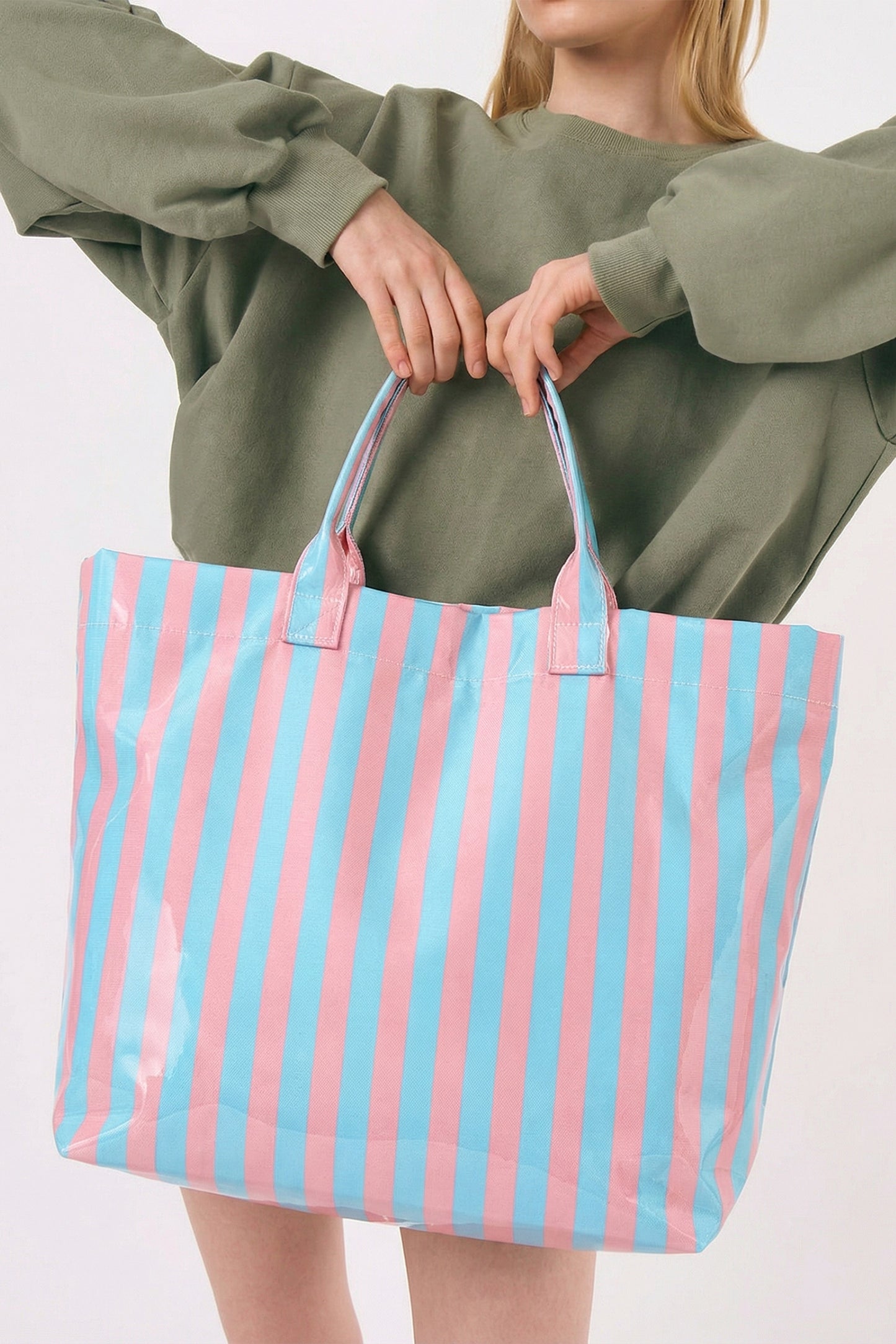 Red Glossy Striped Vinyl Large Tote Bag (Color Varied)