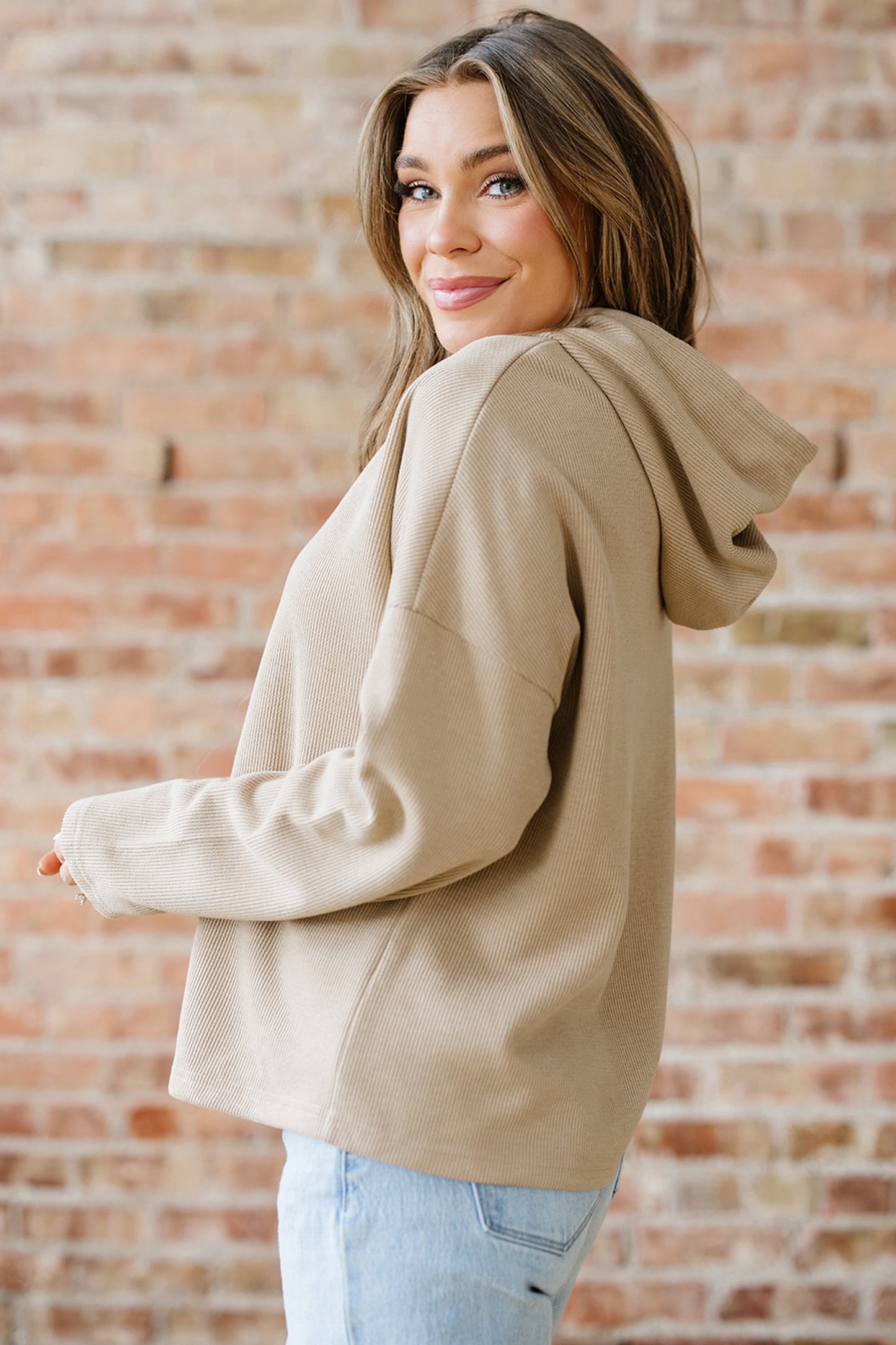 Camel Textured Drawstring Hoodie