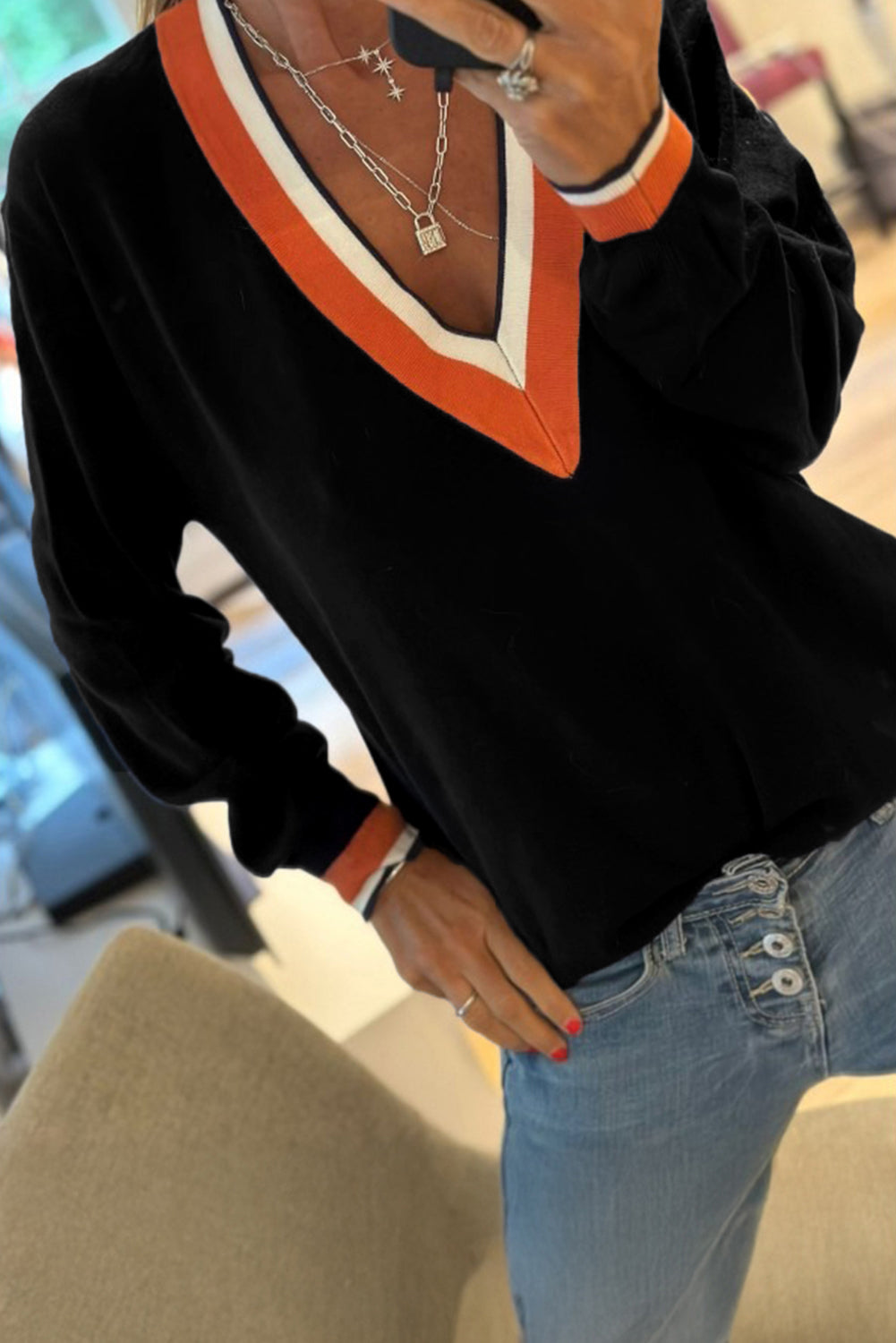 Gray Varsity Striped-Trim Sweater