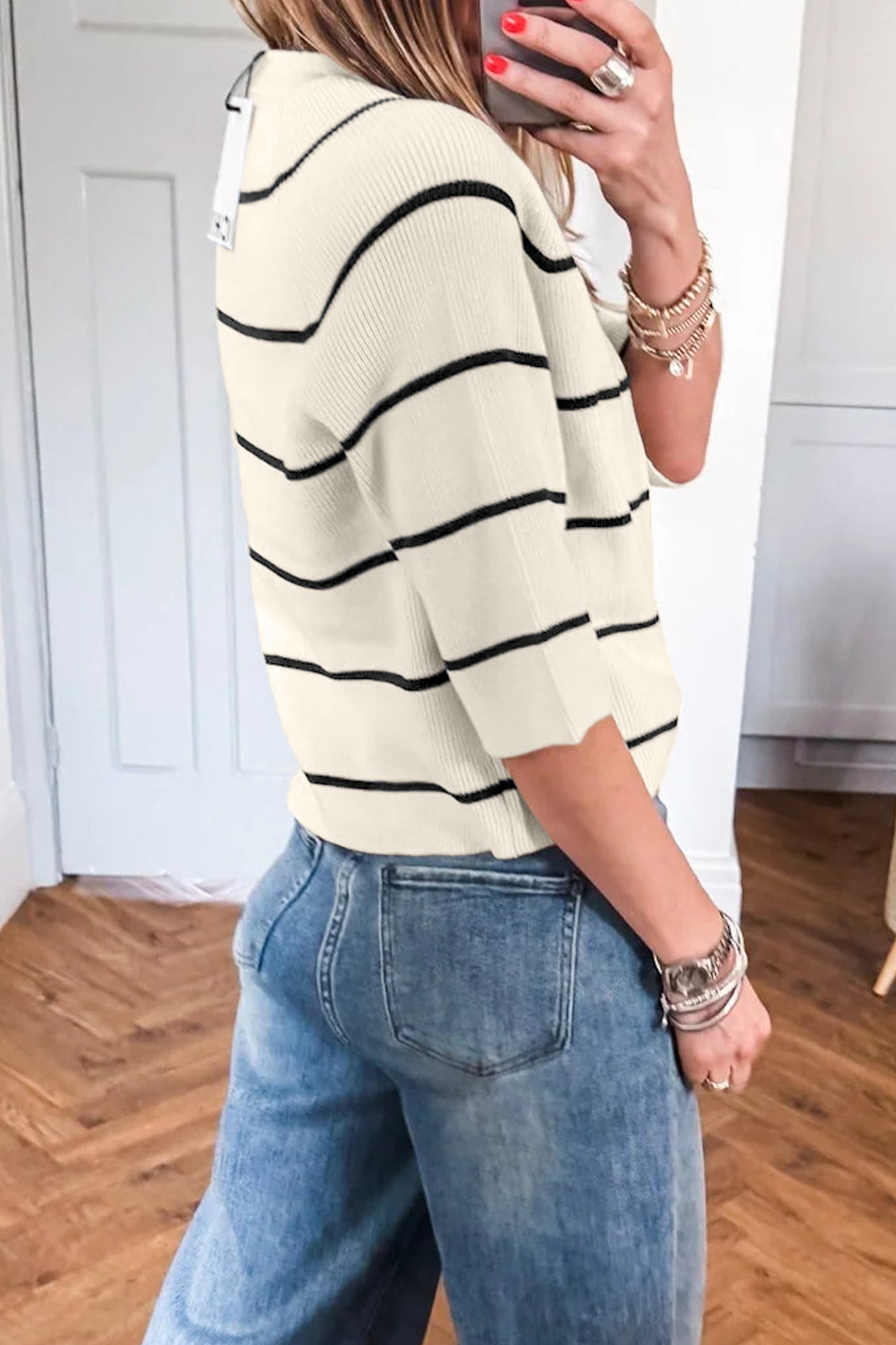 White Stripe Ribbed Short-Sleeve Knit Top
