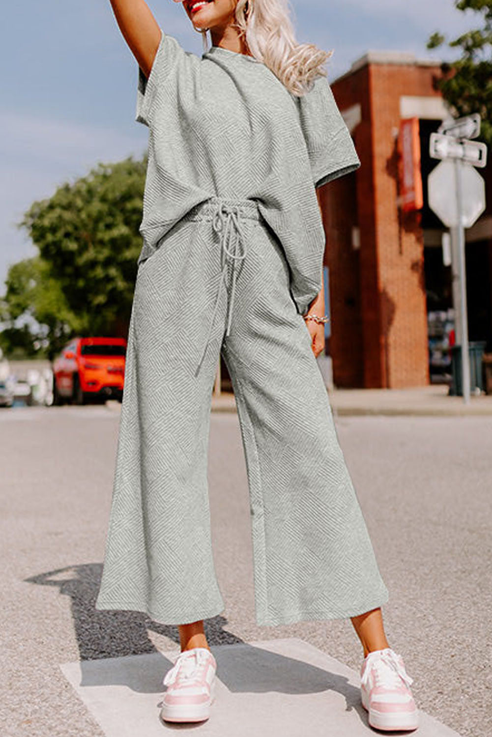 Gray Textured T-Shirt and Pants Set