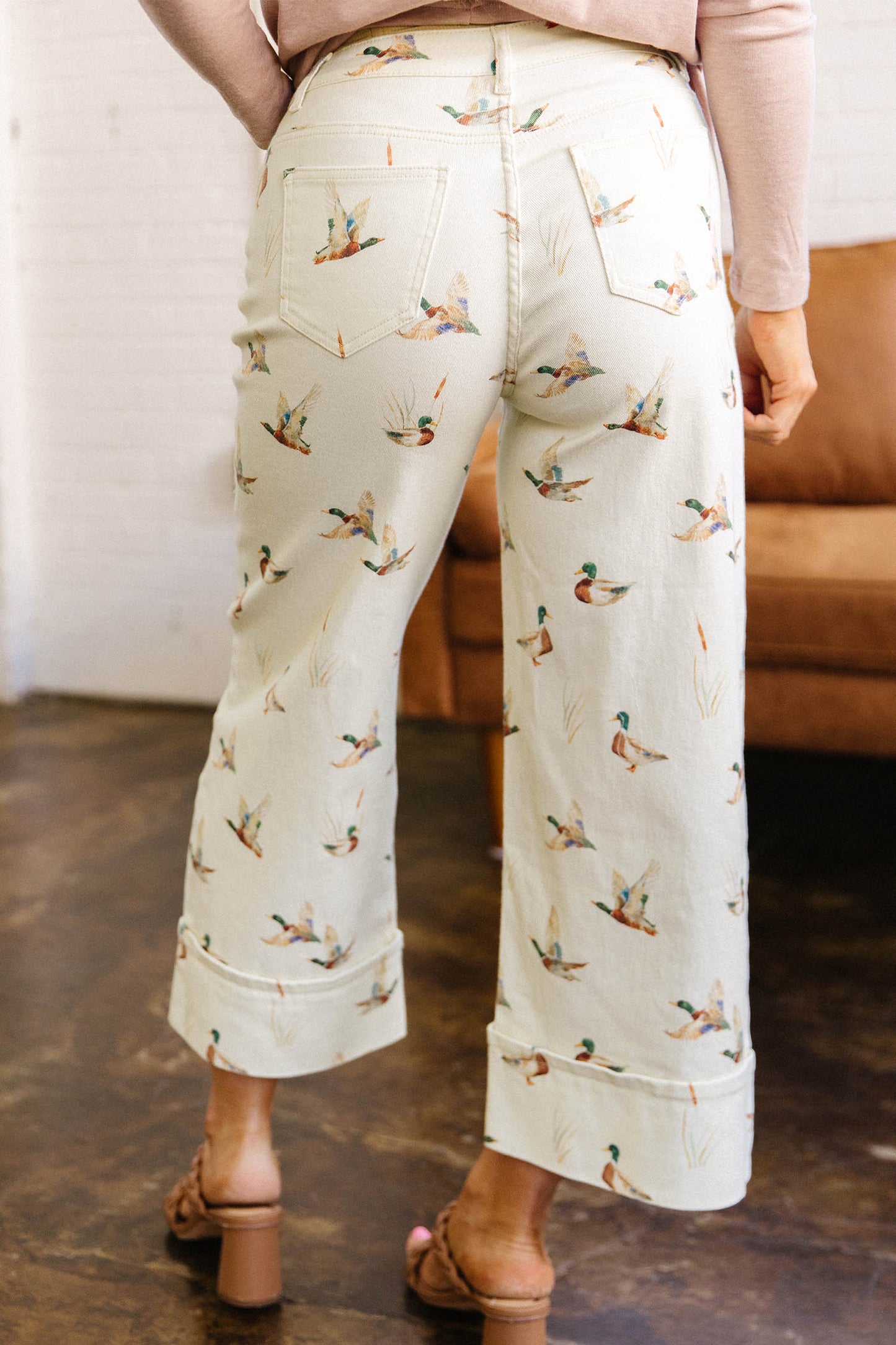 Beige Mallard Print Cuffed Jeans
