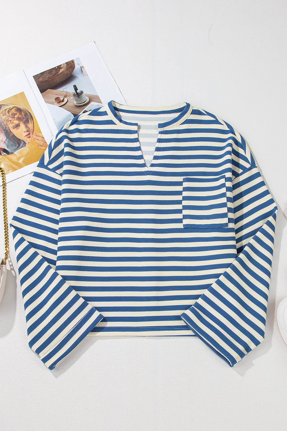 Sky Blue Stripe Back-Button Notch-Neck Top