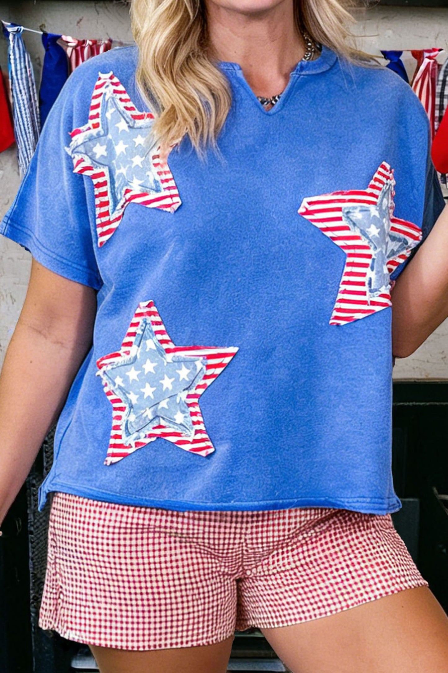 White Patriot Star Patched Notched Neck Mineral Washed Tee