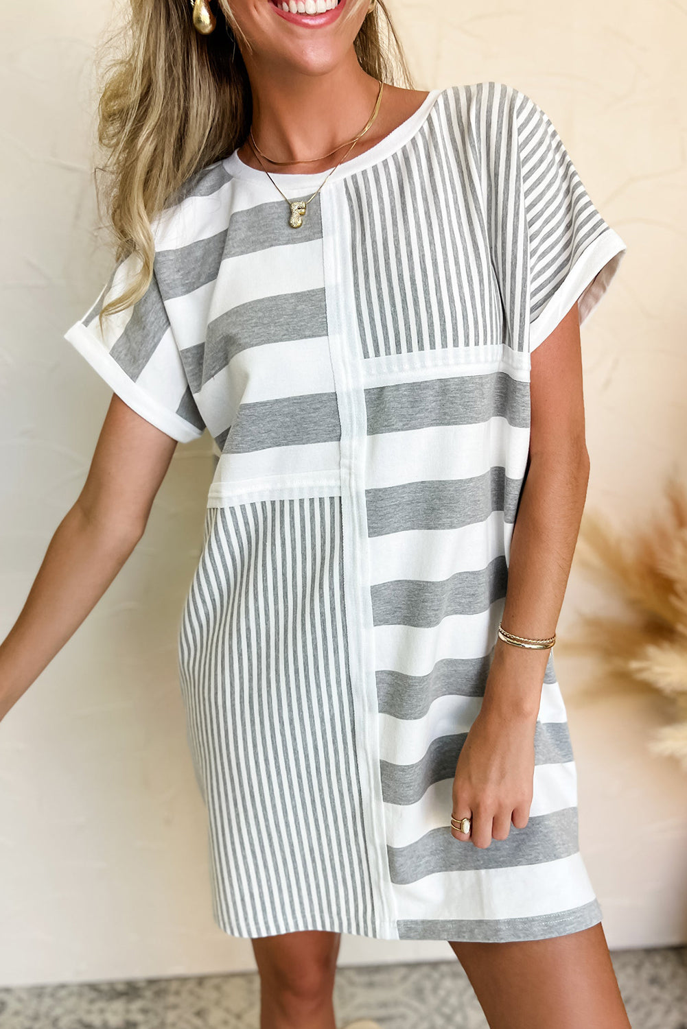 Gray Mixed-Stripe T-Shirt Shift Dress