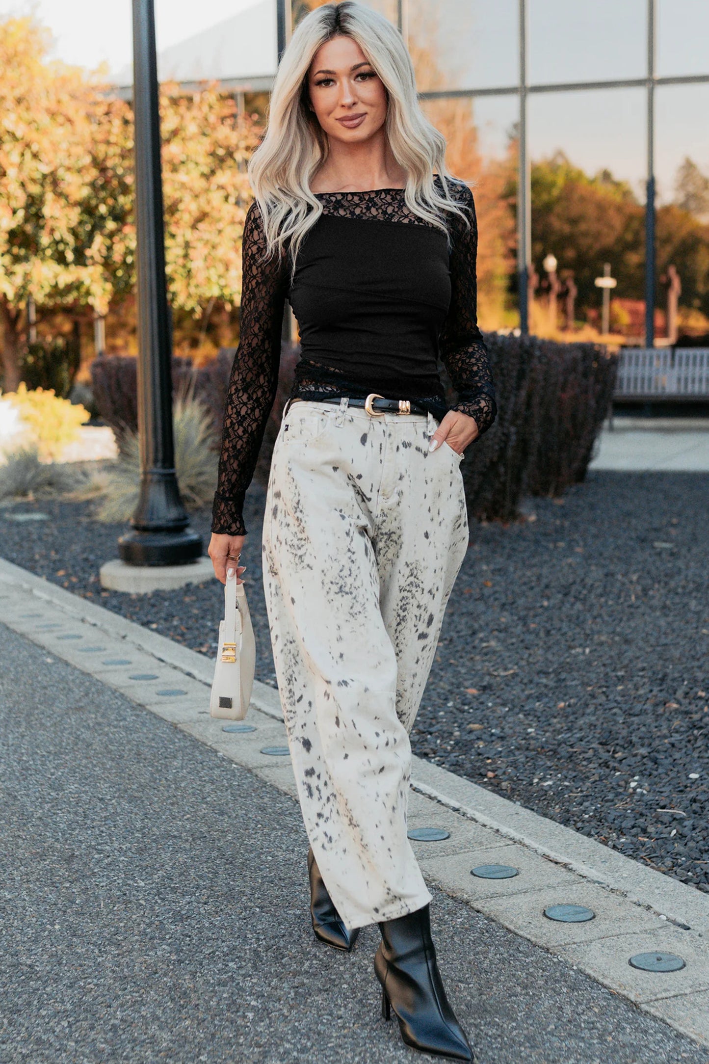 Black Asymmetric Floral Lace Long-Sleeve Top