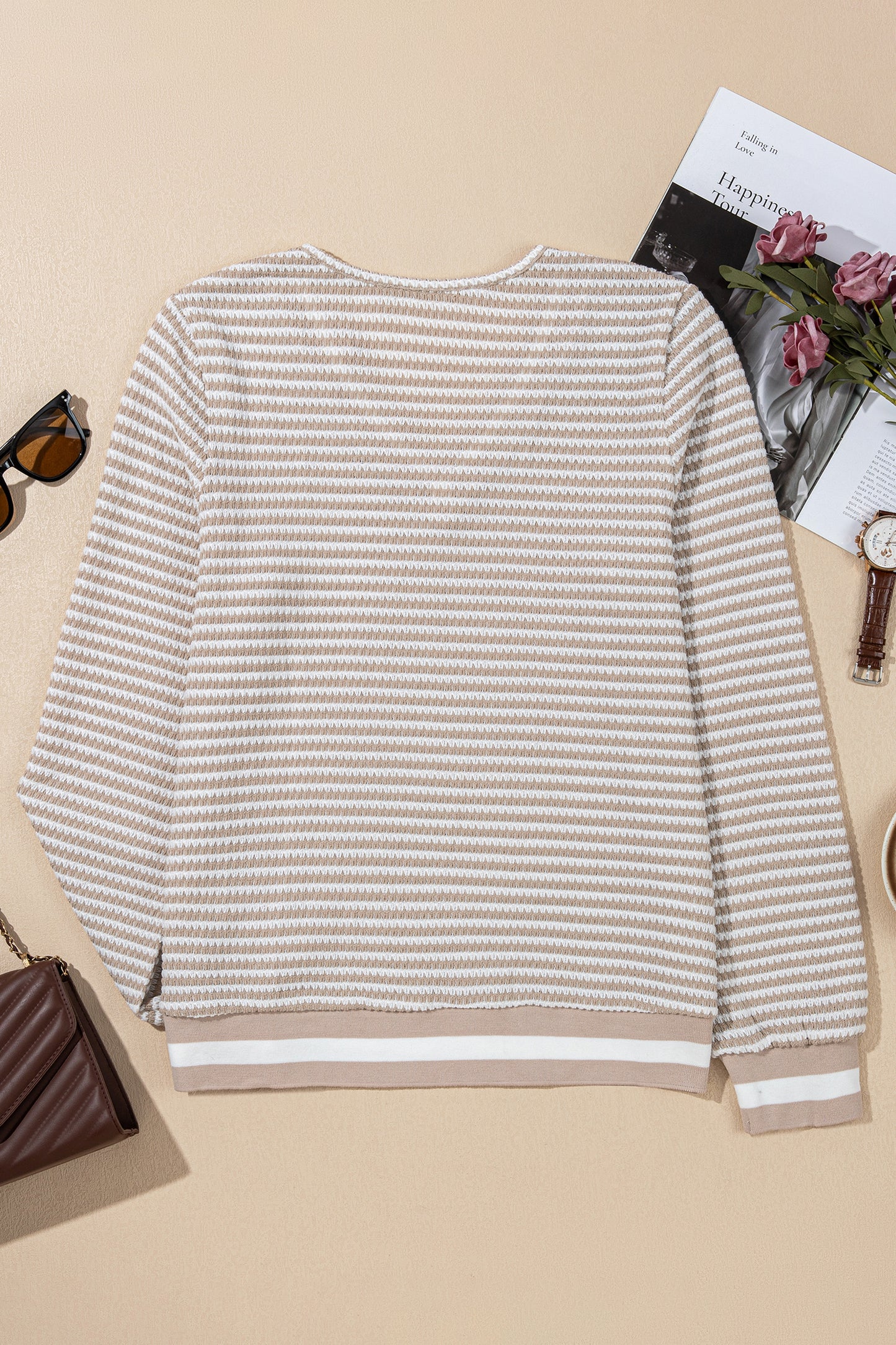 Beige Striped Textured V-Neck Knit Top