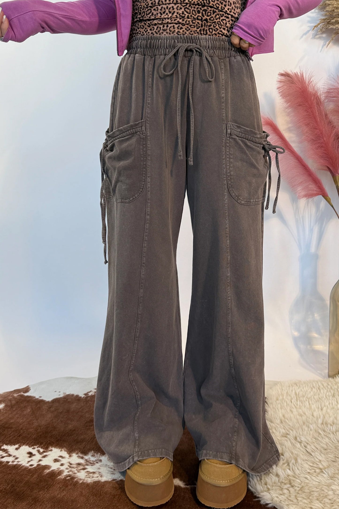 Dark Brown Mineral-Wash Cargo Pants