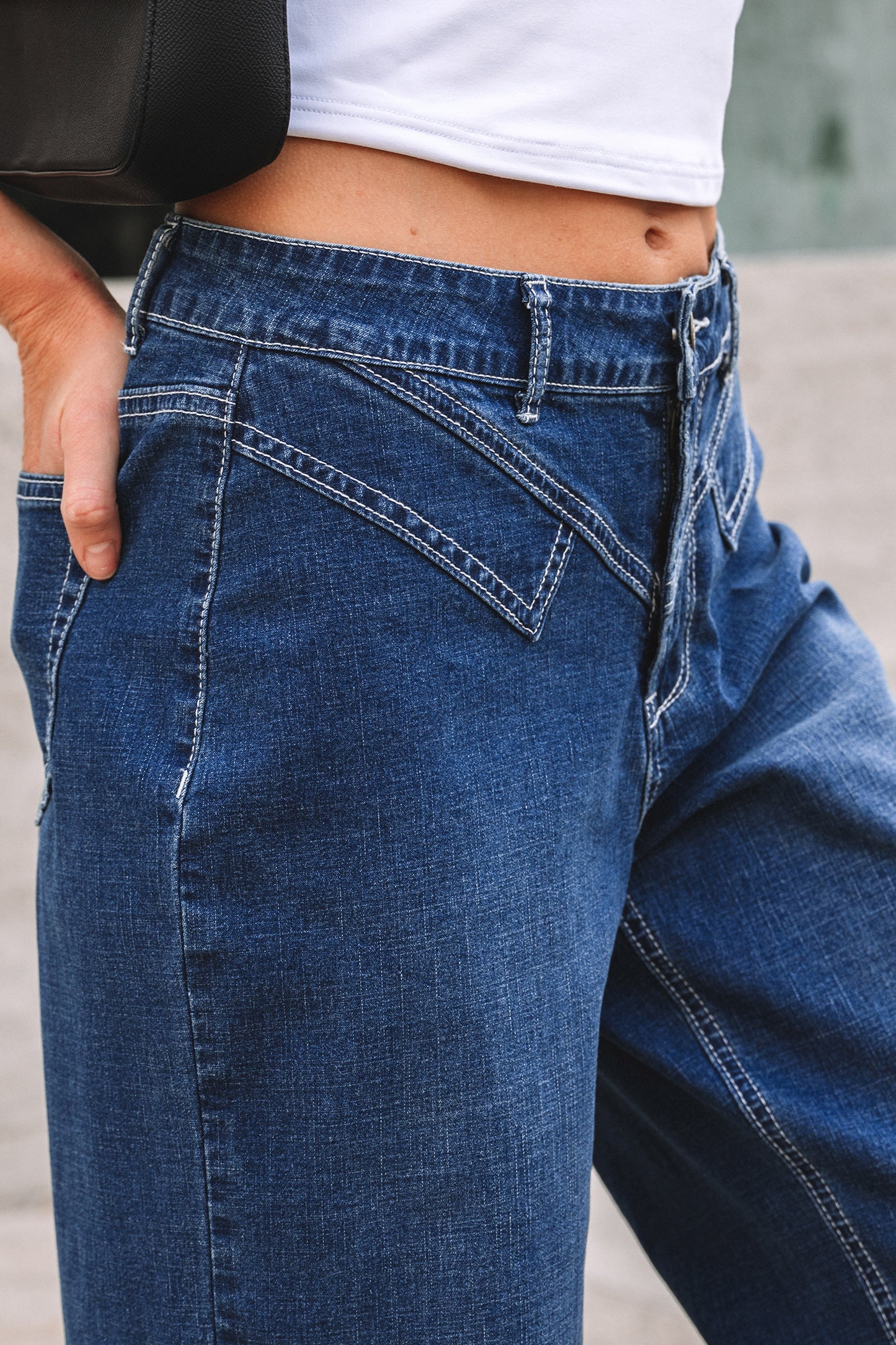 Sail Blue Stitched-Waist Wide-Leg Jeans
