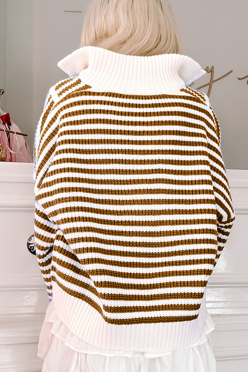Khaki Striped Zip-Collar Sweater