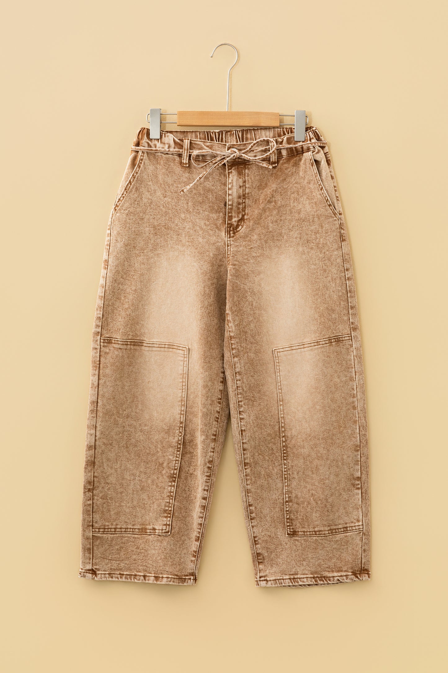 Gray Acid-Wash Tie-Waist Jeans