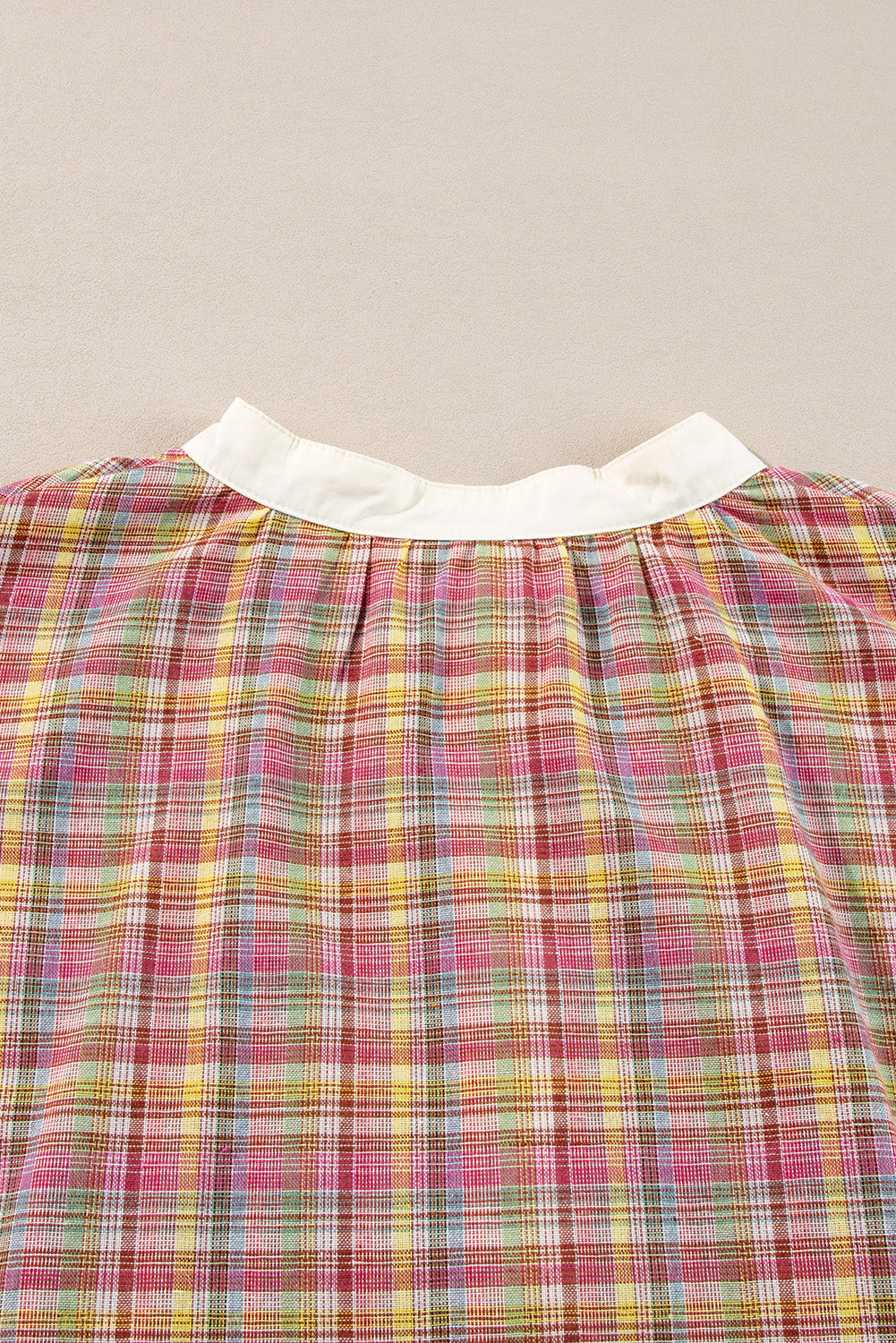 Pink Plaid Contrast-Trim Henley Blouse