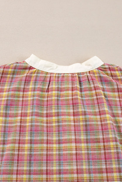 Pink Plaid Contrast-Trim Henley Blouse
