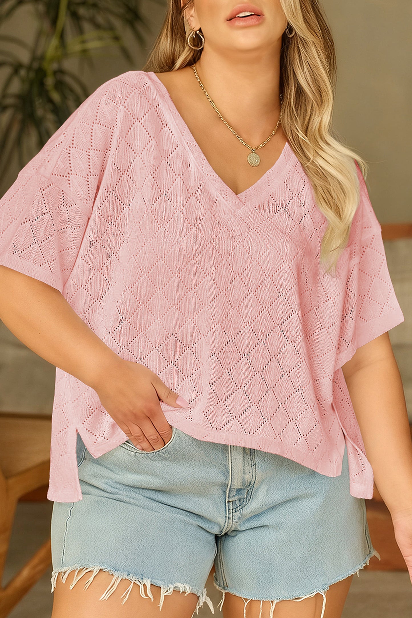 Golden Fleece Pointelle V-Neck Knit Top