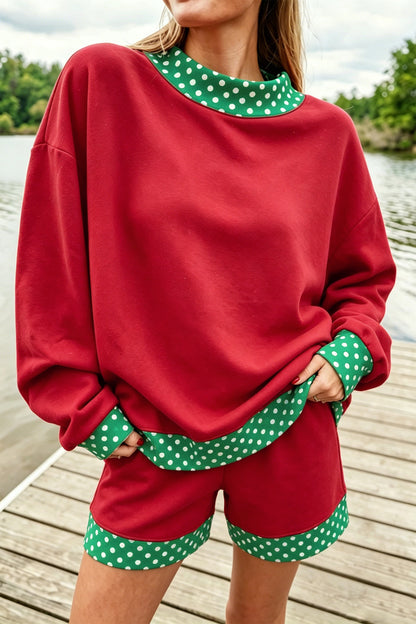 Polka-Dot Trim Pullover & Shorts Set