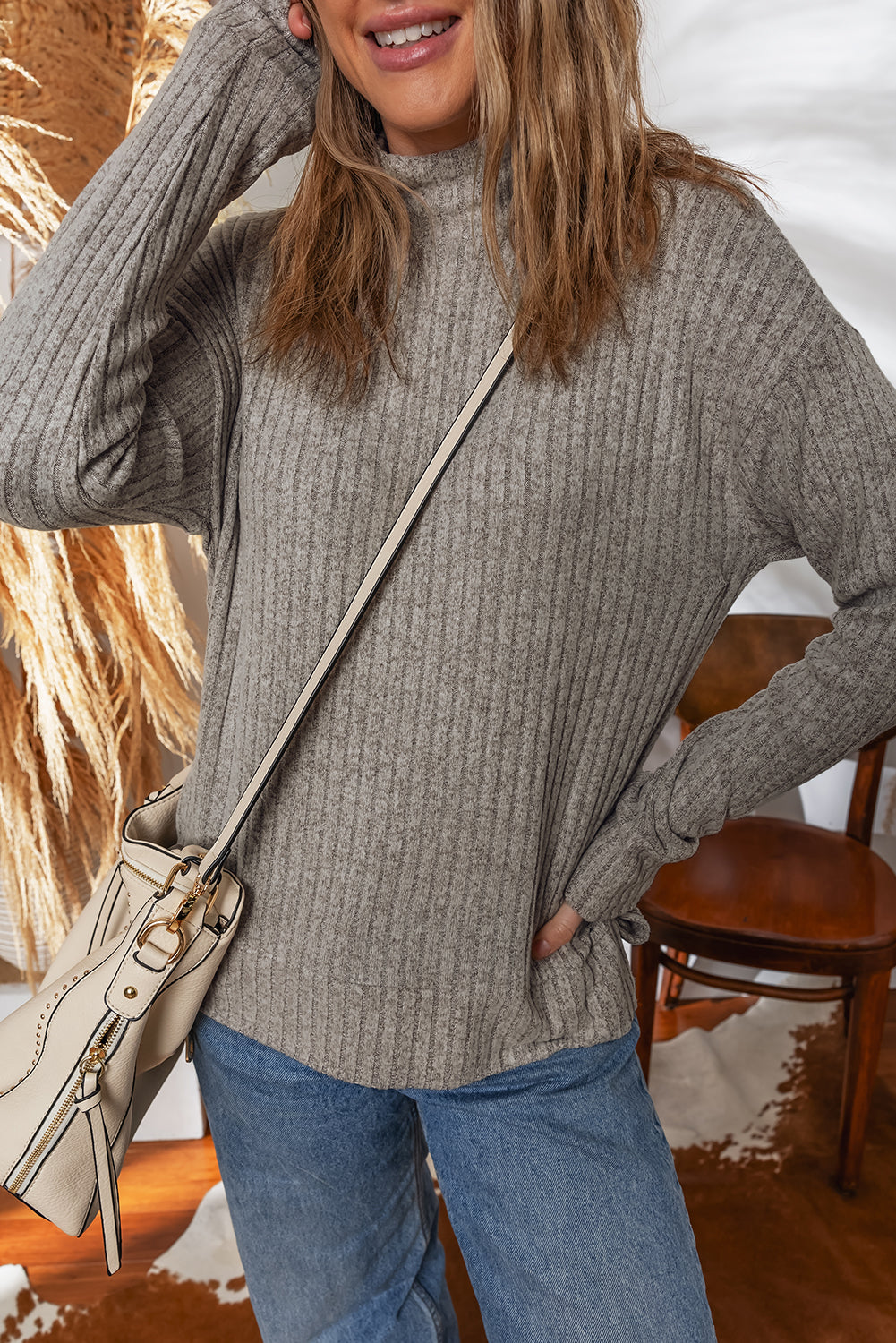 Gray Morn Ribbed High-Neck Knit Top