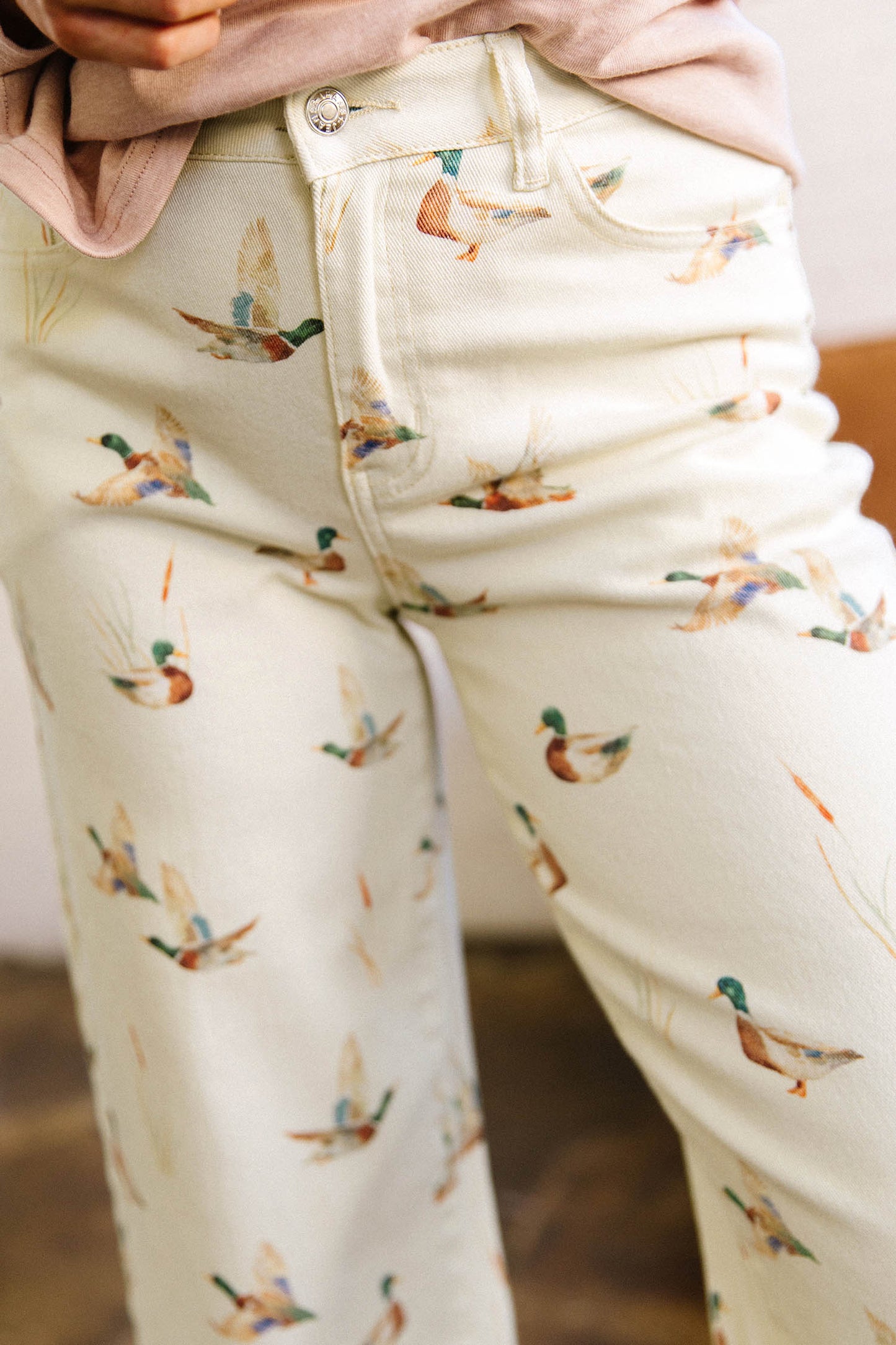 Beige Mallard Print Cuffed Jeans