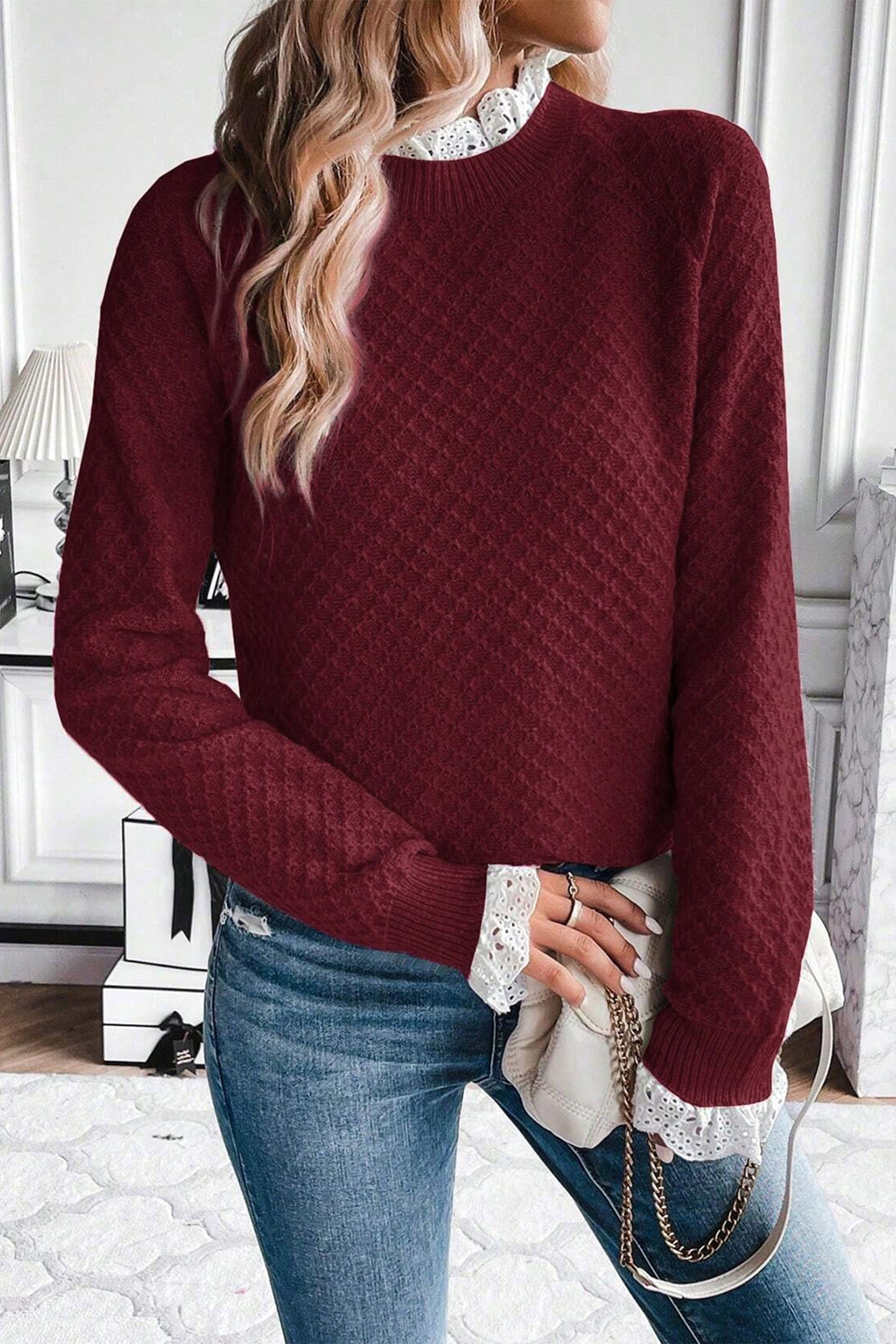 Burgundy Lace-Trim Raglan Sweater