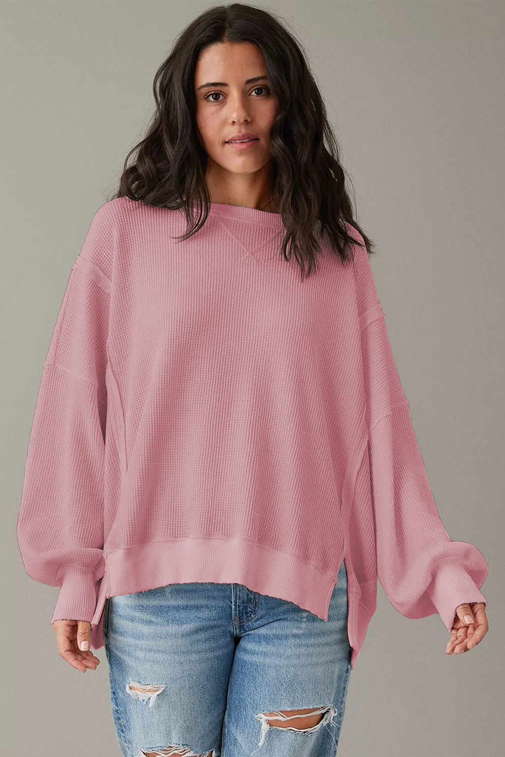 Gray Waffle-Knit Bishop-Sleeve Oversized Top