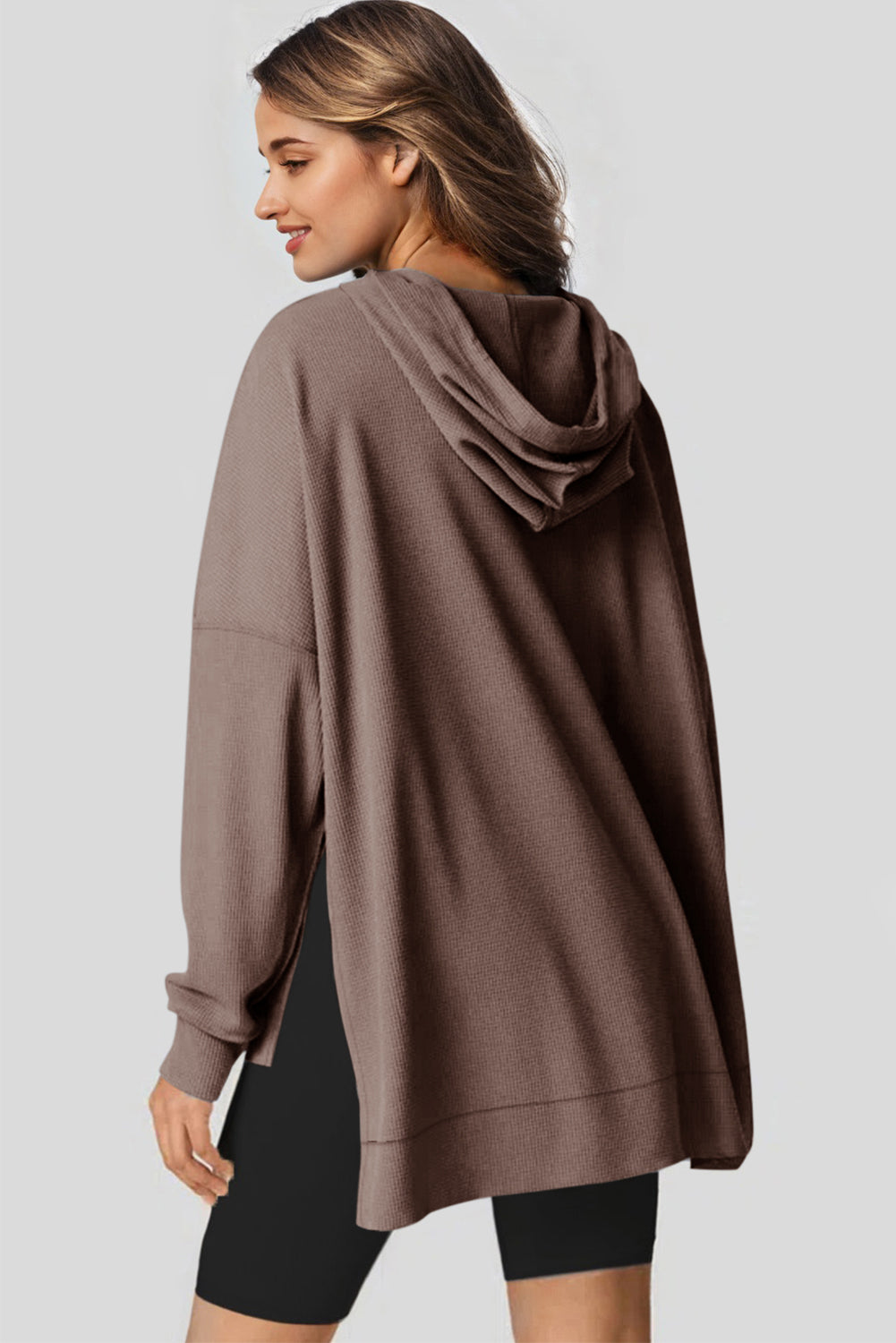 Black Waffle-Knit High-Low Oversized Hoodie