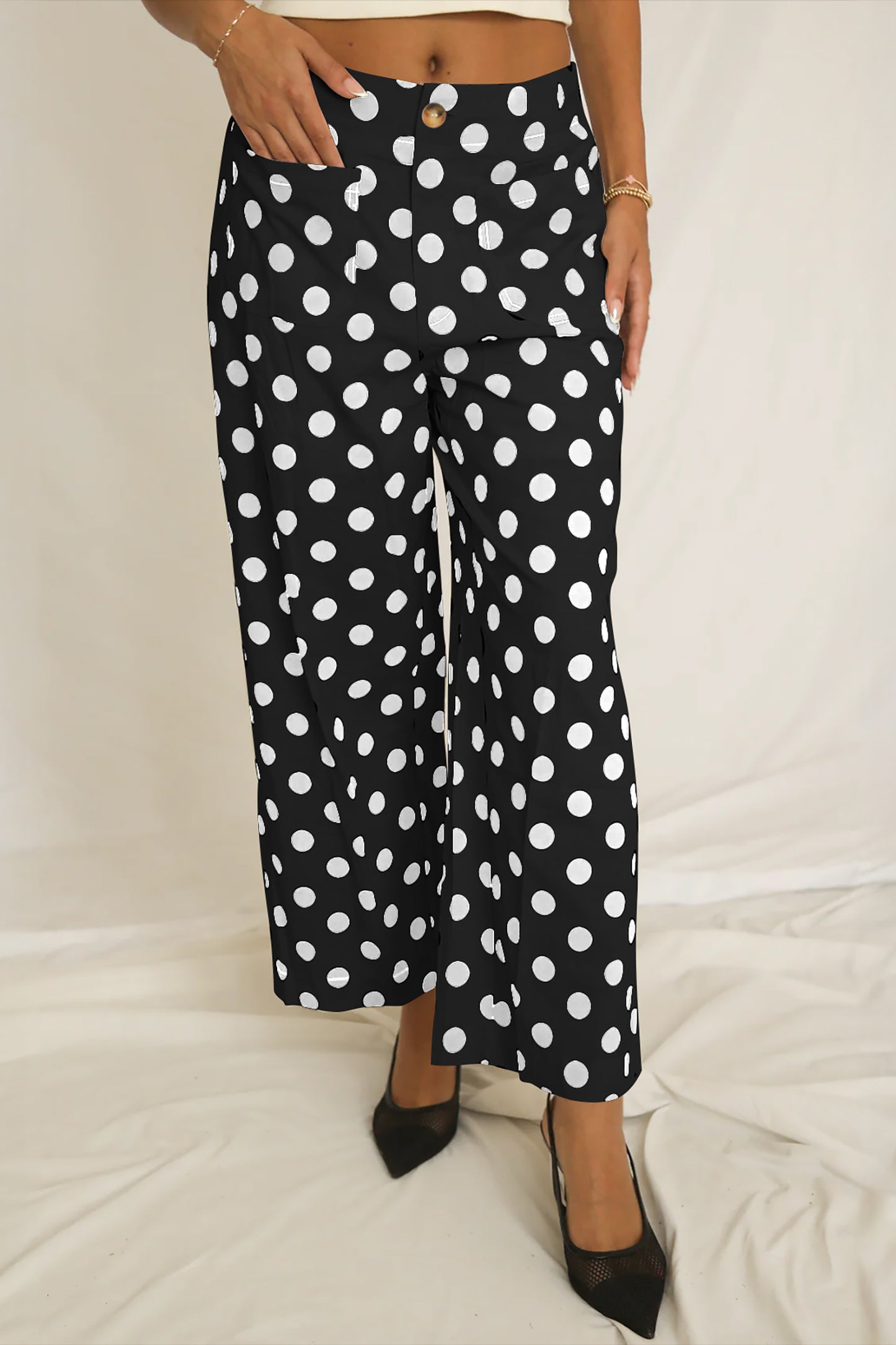 White Polka-Dot Straight-Leg Pants