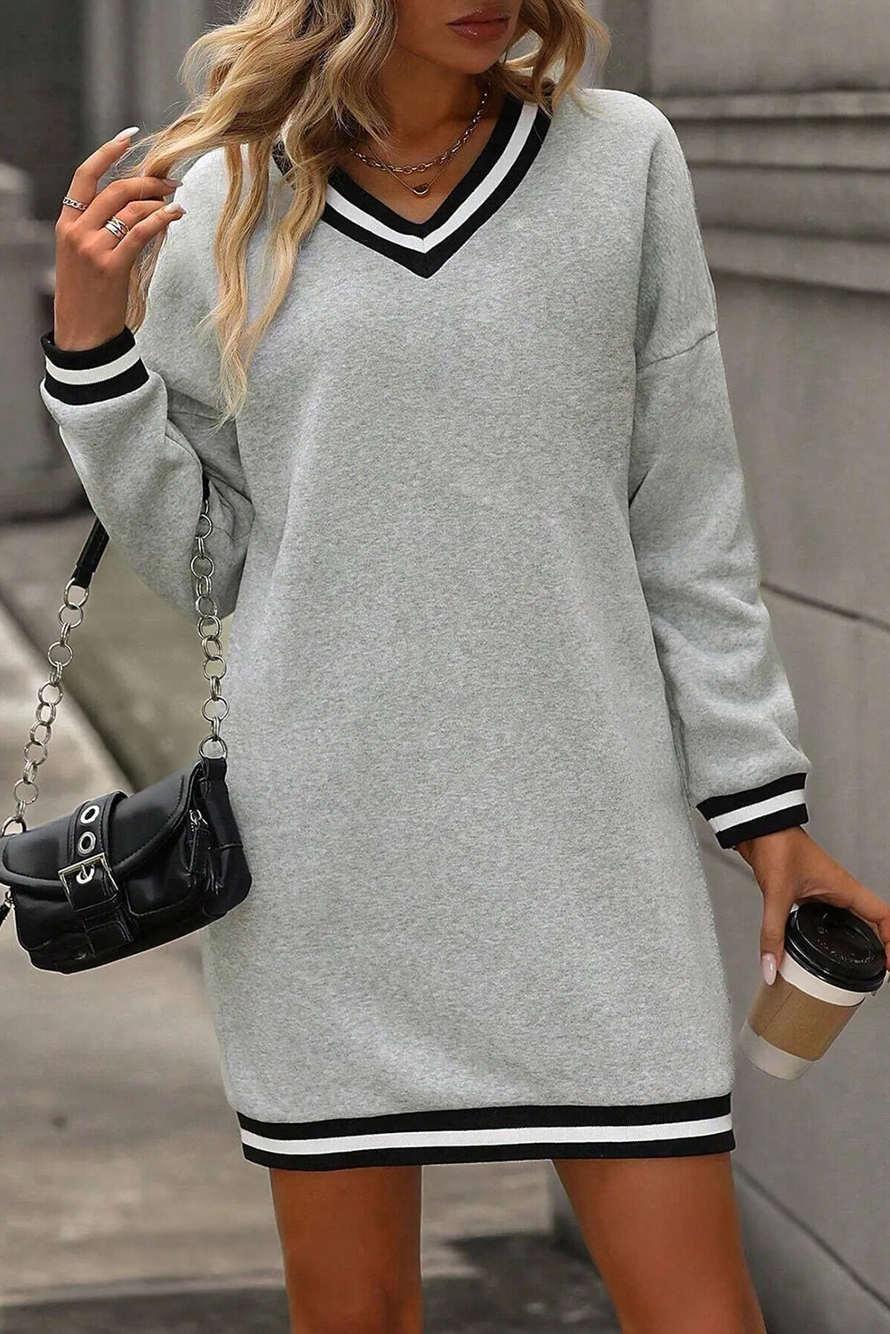 Light Grey Striped Trim V-Neck Long-Sleeve Preppy T-Shirt Dress